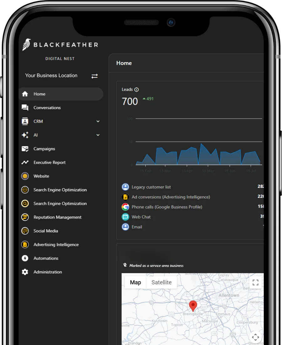 The Digital Nest mobile app showing a leads dashboard and lead sources